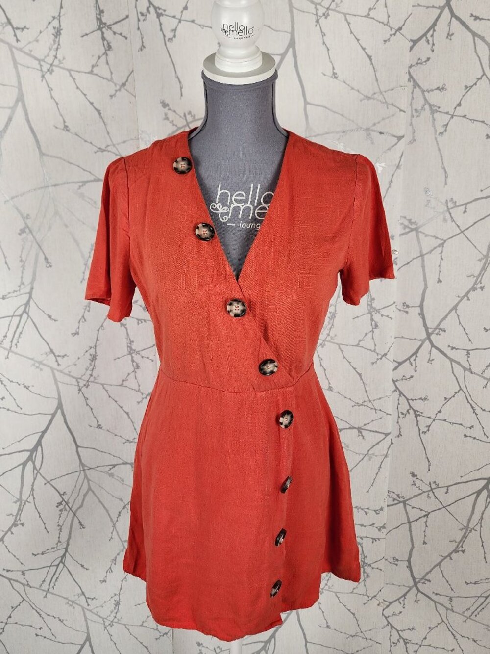 Moon River Orange Artsy Asymmetrical Button Faux Wrap Mini Dress